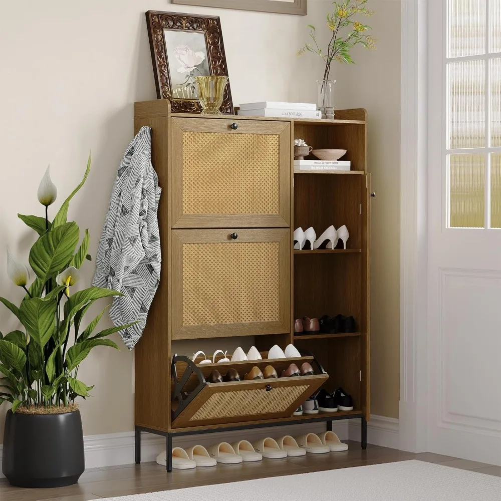 Shoe cabinet, hidden rattan shoe cabinet with 3 clamshell drawers for entrance, shoe cabinet with adjustable shelves