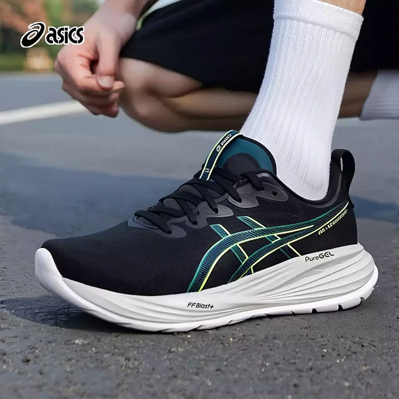 Asics Men GEL-CUMULUS 27 Black Green Breathable Mesh Cushion Long Distance Running Shoes 1011B960-004