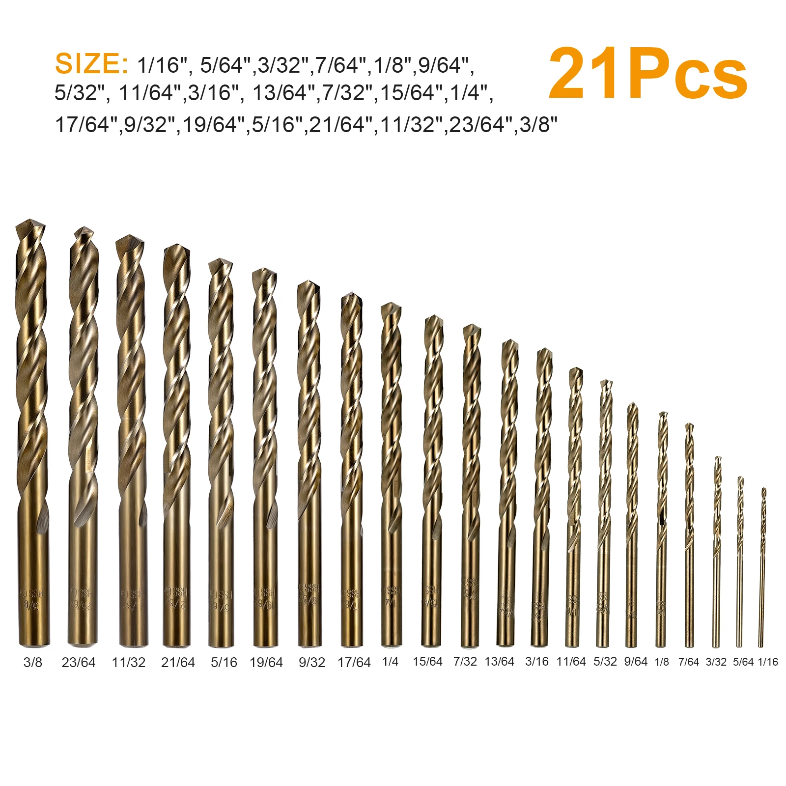 Juego de brocas de cobalto de 21 piezas, 1/16-3/8 pulgadas, M35 HSS Twist Jobber de longitud para Metal endurecido, acero inoxidable, hierro fundido y madera