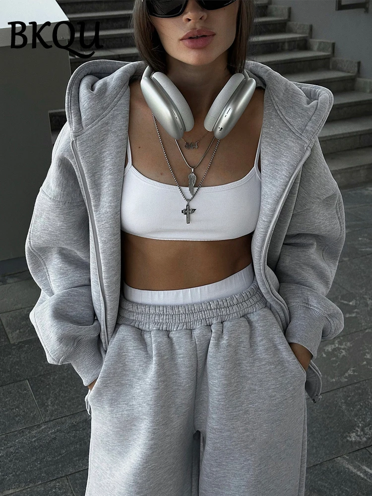 BKQU Hoodies Tracksuits Women 2024 Casual Zipper Long Sleeve Hooded Sweatshirts and Sports Pants Matching Set Autumn Winter