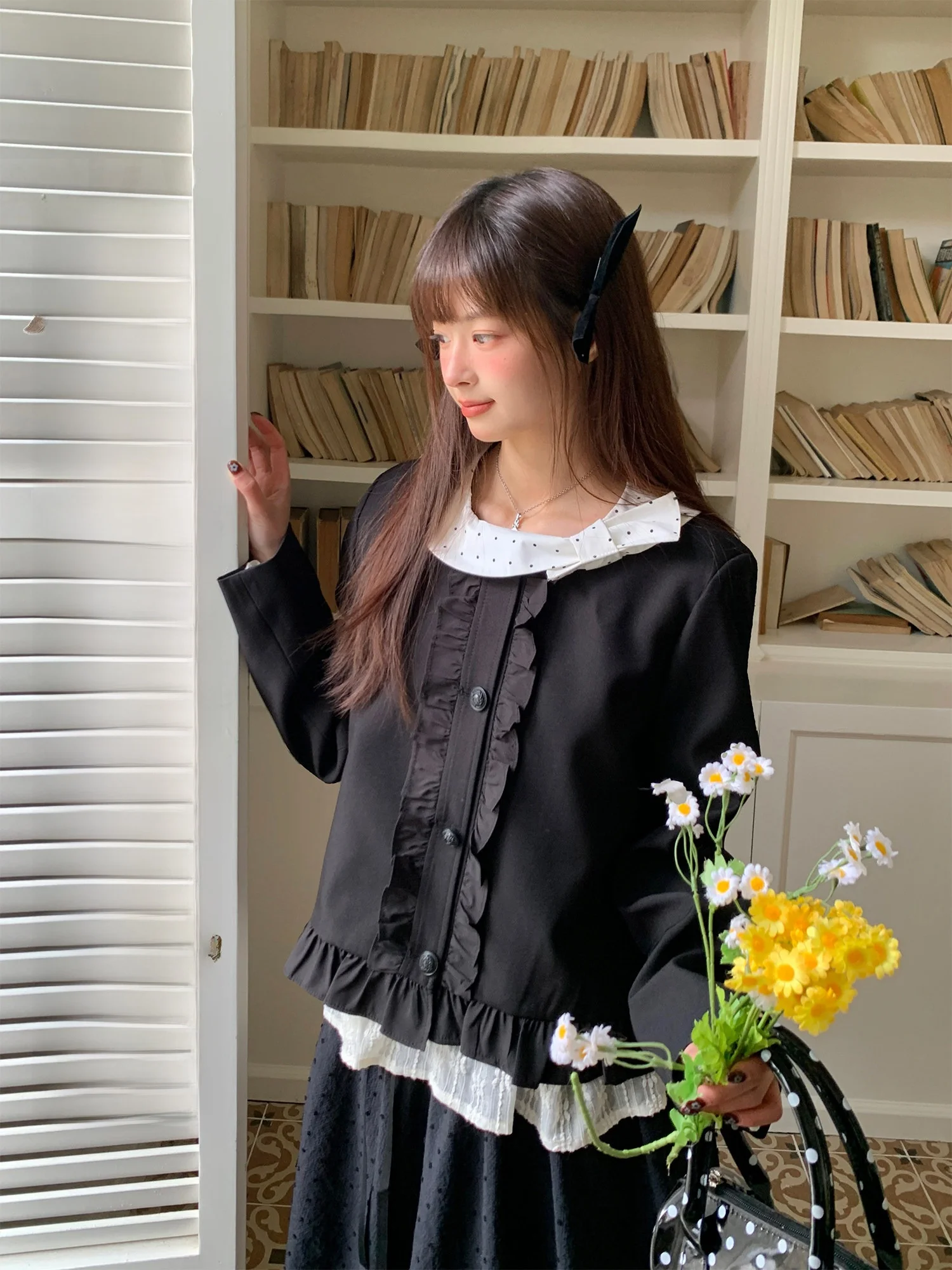 

BibiBency Spring Knot Ne Coat Women's Bla Polka Dot Lace f Skirt Set Long Sve Faion Ensemble