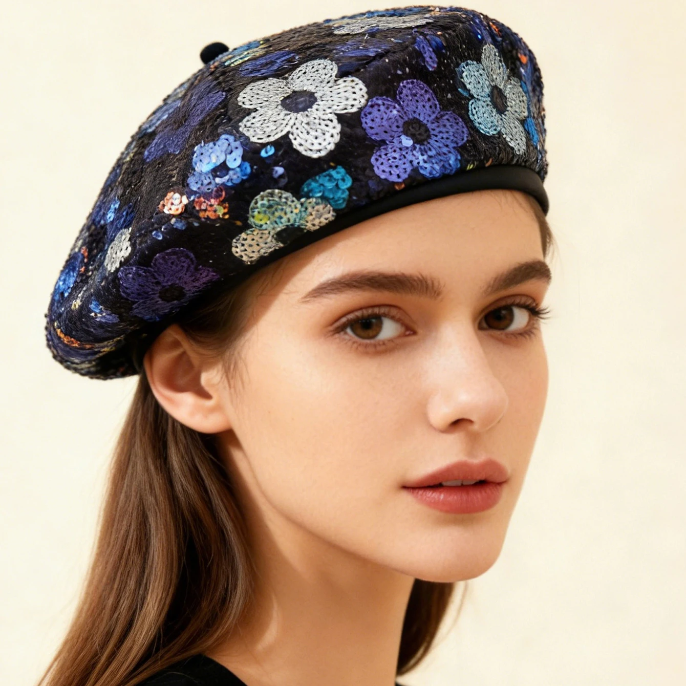 Korean-style colorful small sequin flower beret, a retro and unique painter's hat suitable for spring and autumn seasons