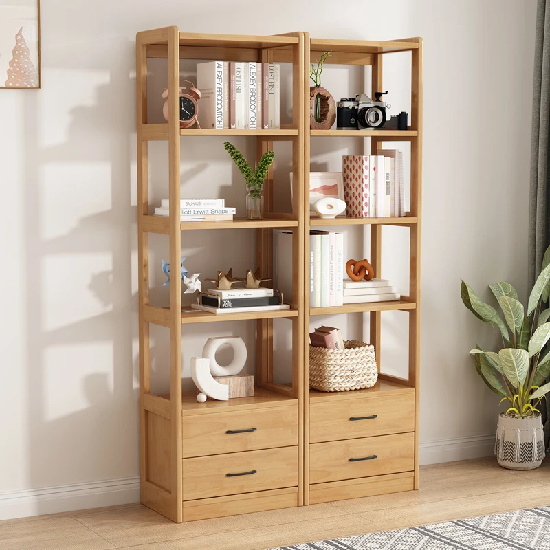 Nordic All Solid Wood Bookshelf Shelf Floor Combination Bookcase Simple Log Bookcase Living Room Storage Rack Display Cabinet