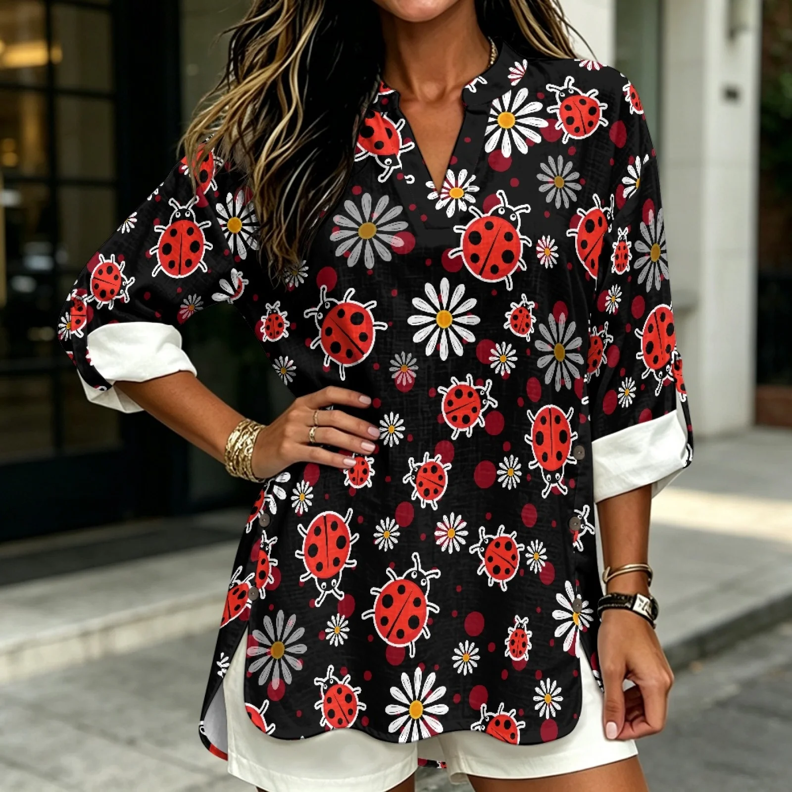 PENSTROLL Blusas Casuales Sueltas Tipo Lino, Camisas de Manga Larga Suaves para Mujer, para Paseos en la Playa, Ladybug Daisy