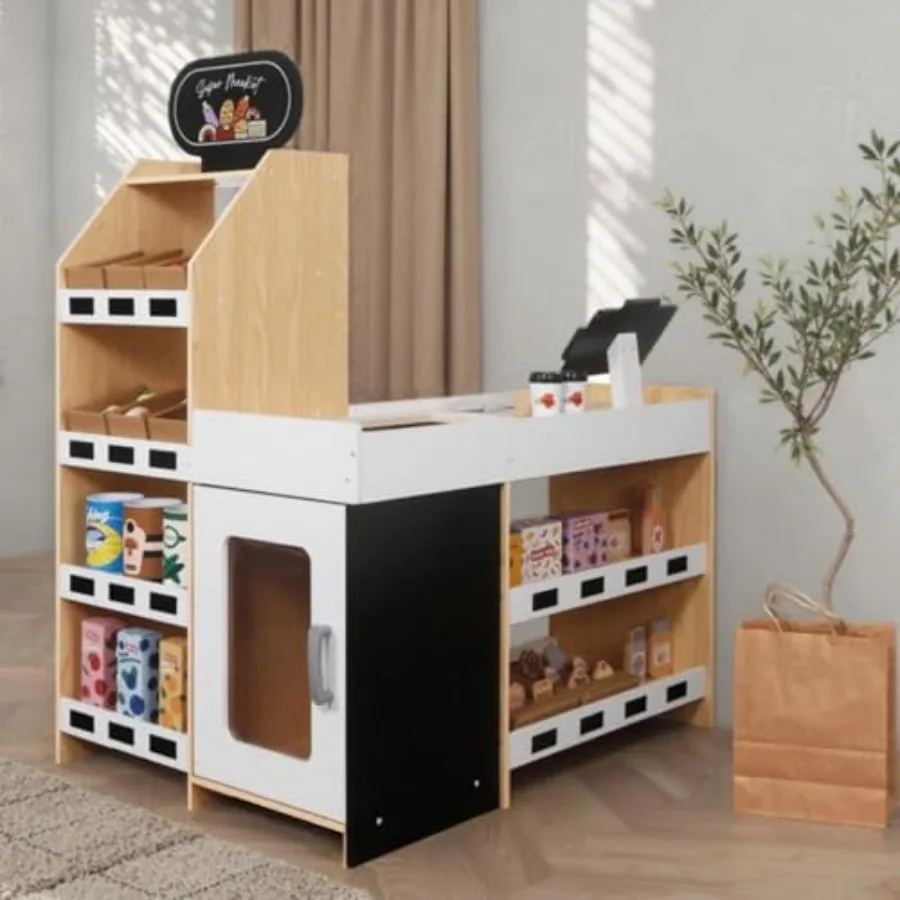 

Grocery Store PlaysetPretend Play Store Toy and Wooden Supermarket Shopping Cart with Toy Cash Register Play MoneyandBlackboard