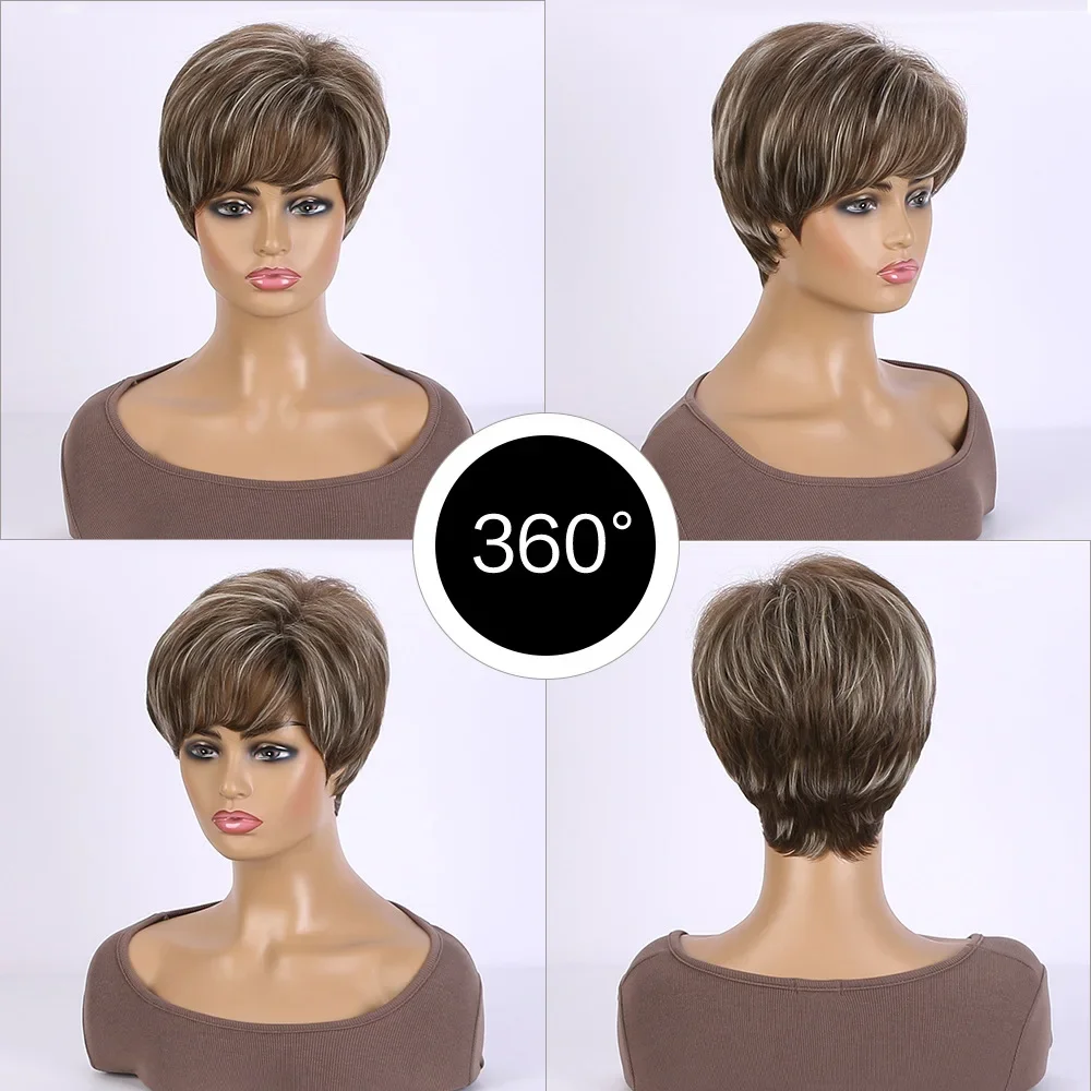 Peruca reta curta sintética com franja para mulheres, perucas castanhas misturadas naturais, fibra resistente ao calor, uso diário