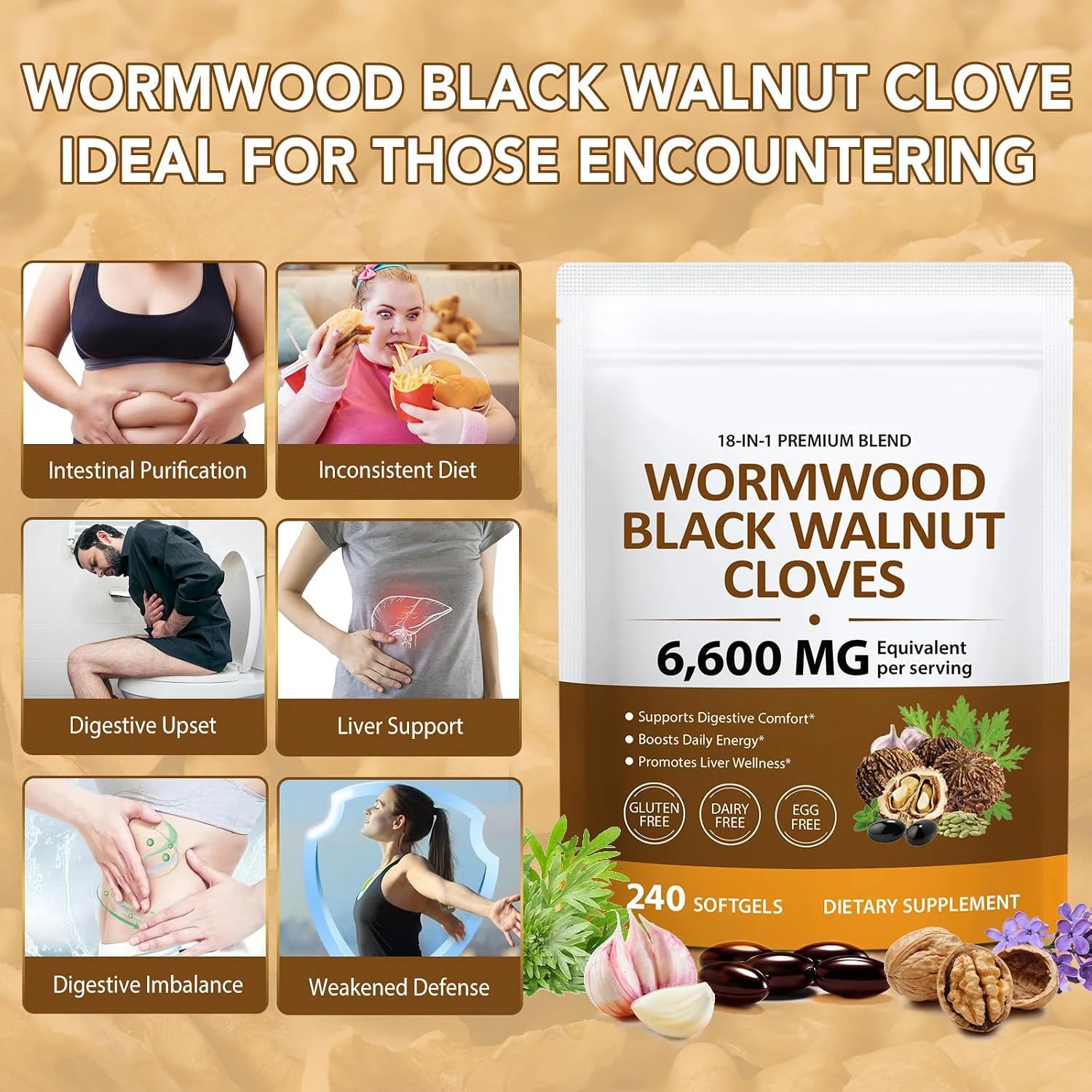 Wormwood Black Walnut Cloves Softgels, 6600 mg 18‑in‑1 Herbal Supplement, Supports Digestive Comfort & Liver Wellness 240 Count