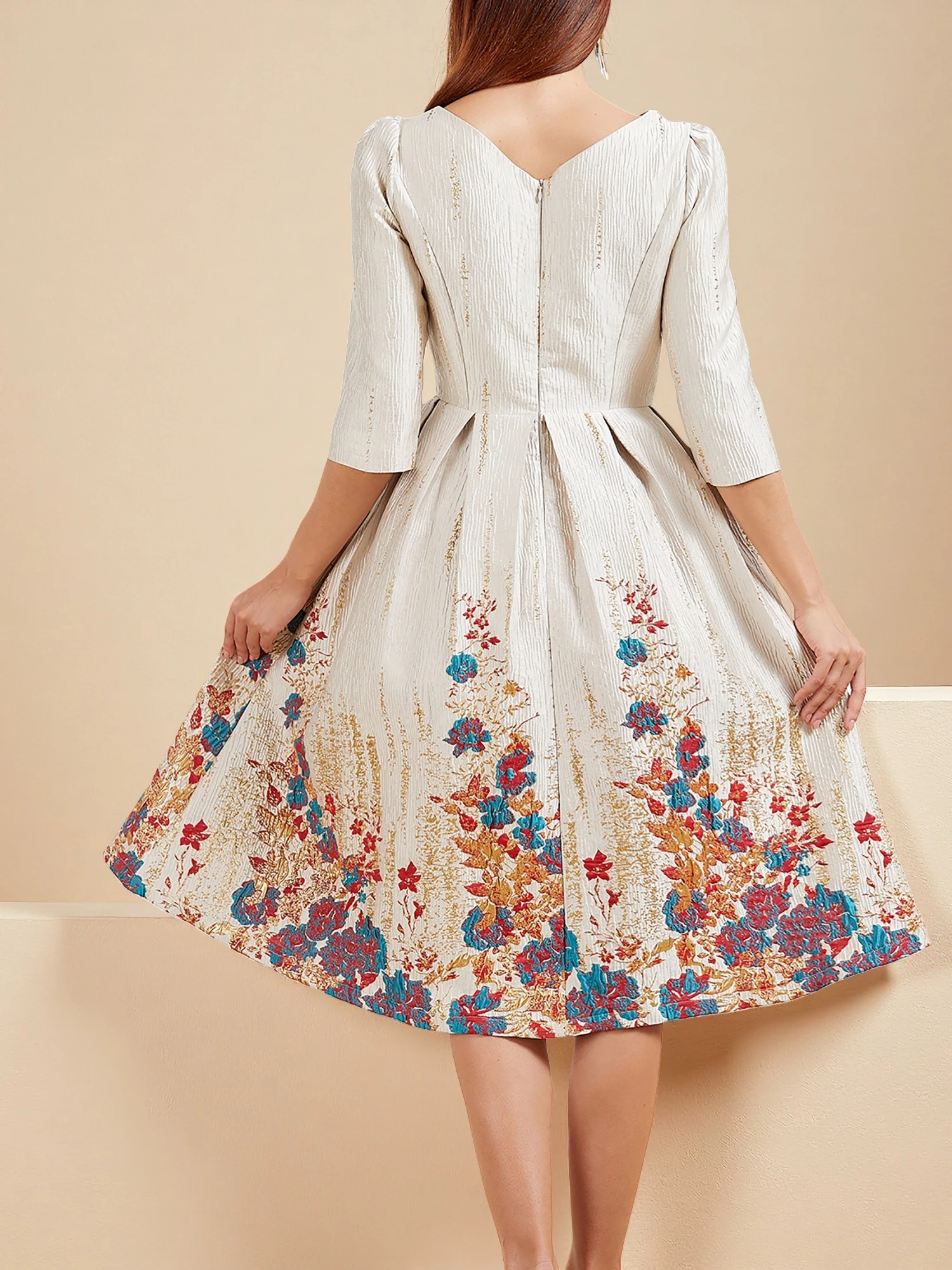 DEVCHATA Autunno Inverno Donne di Lusso Abito a Metà Polpaccio Stile Inghilterra Nuovo Floreale Moda Jacquard Partito Vita Sottile Al Ginocchio Abiti