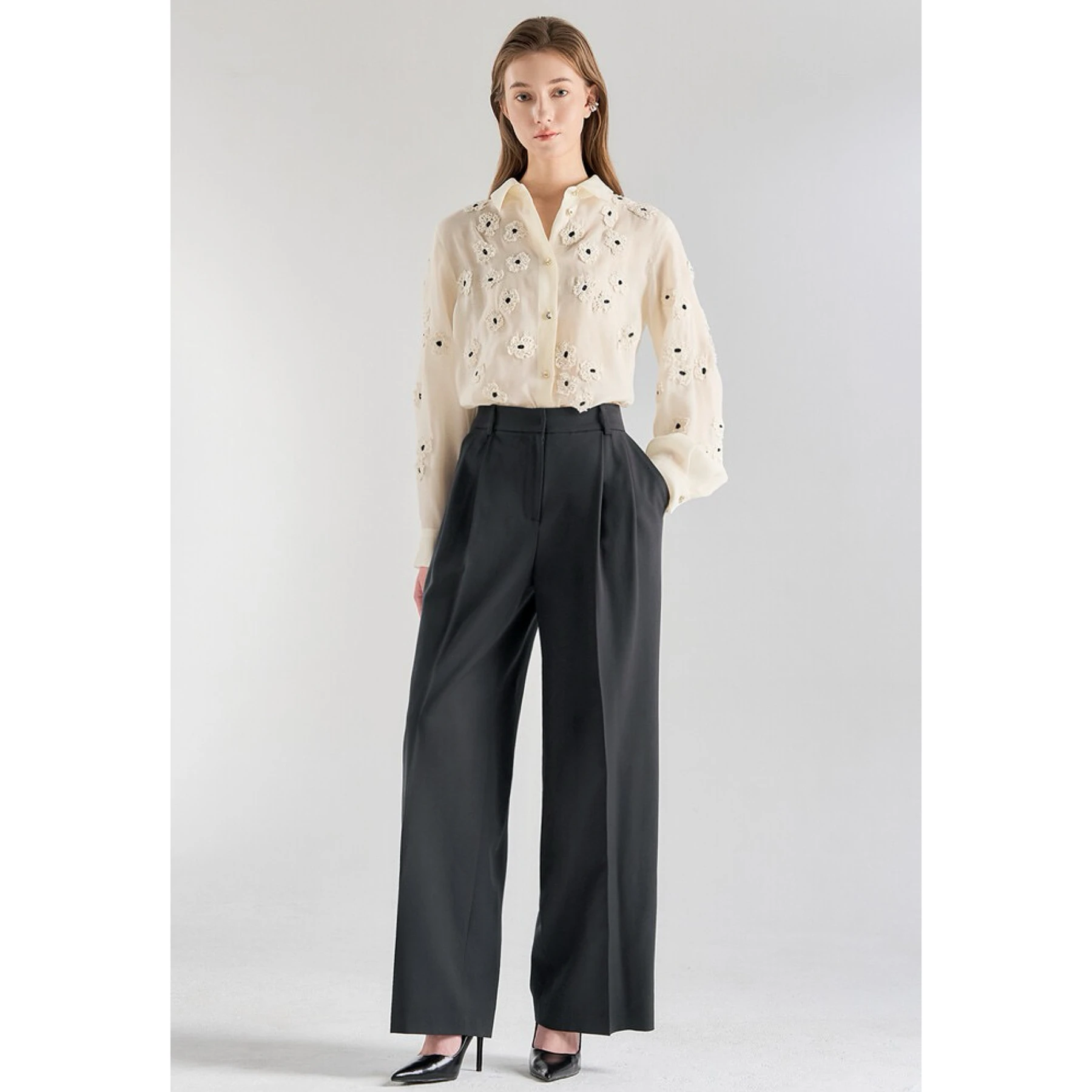 Elegant Lemon Cheese LAN26 Spring Open Collar 3D Hook Flower Loose Versatile Shirt Commute Style Long Sleeve Pure Color