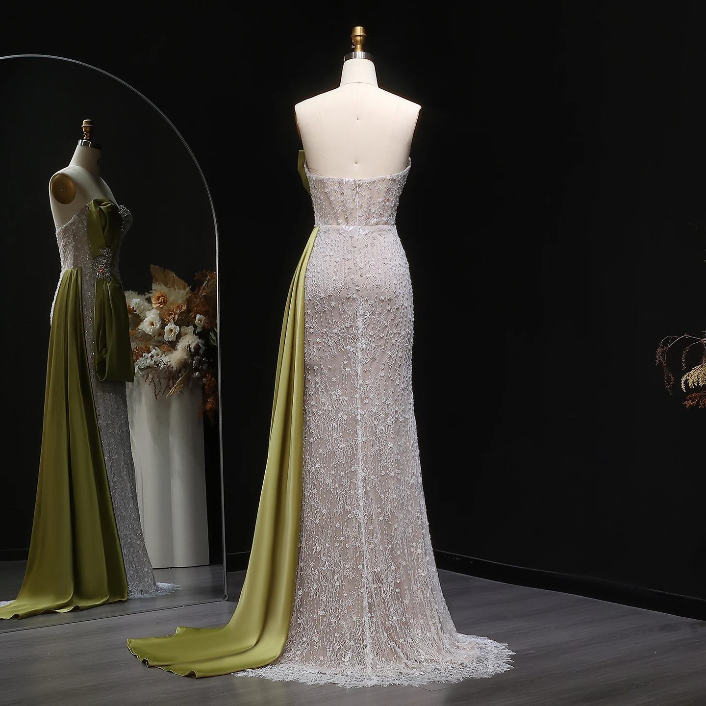 シャロンはドバイオリーブグリーンマーメイドイブニングドレスちょう結びサイドスカート付き女性のウェディングパーティーウエディングドレスSS617カスタマイズ