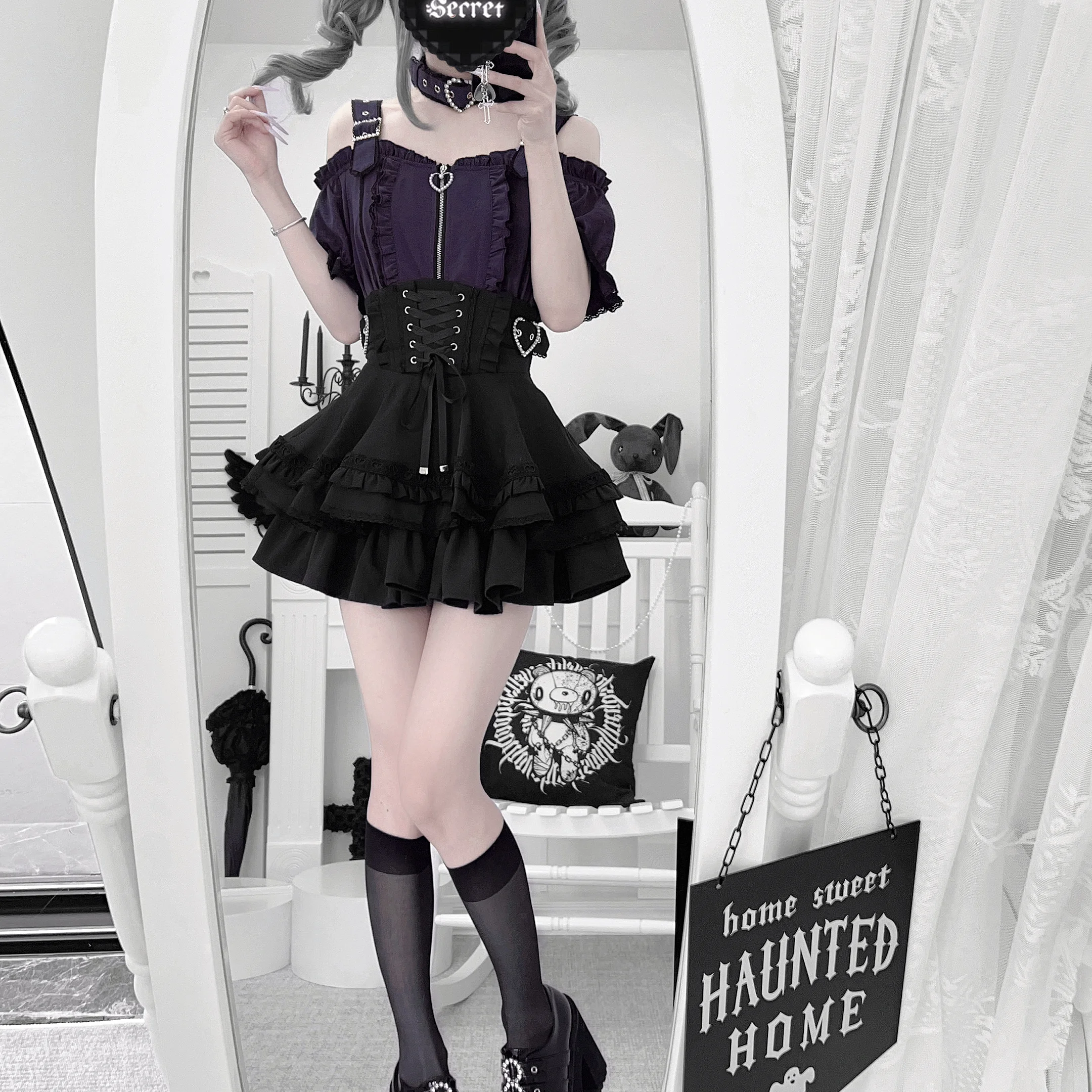 Japanese Style Subculture Gothic Off-shoulder Bubble Sleeve Zipper