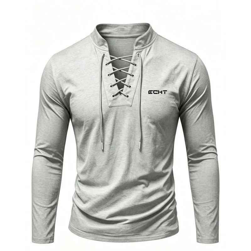 2026 Cross-border Foreign Trade Autumn Men's Retro Stand-up Collar Tie-front Leisure Printed Long-sleeve Henley Shirt New Style - view 4