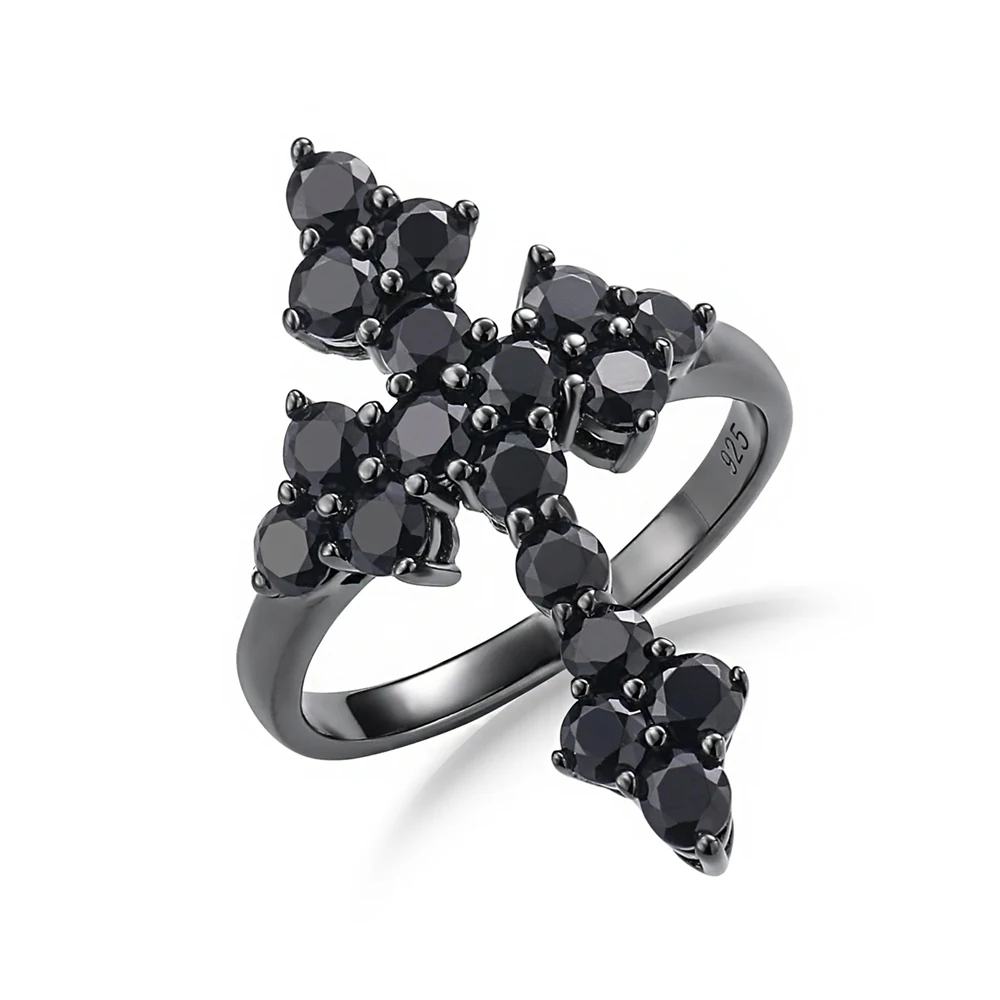 

SEASKY Natural Black Spinel Cross Rings Gems 2.4Carats Charm 100% 925 Sterling Silver for Women Trendy Fine Jewelry