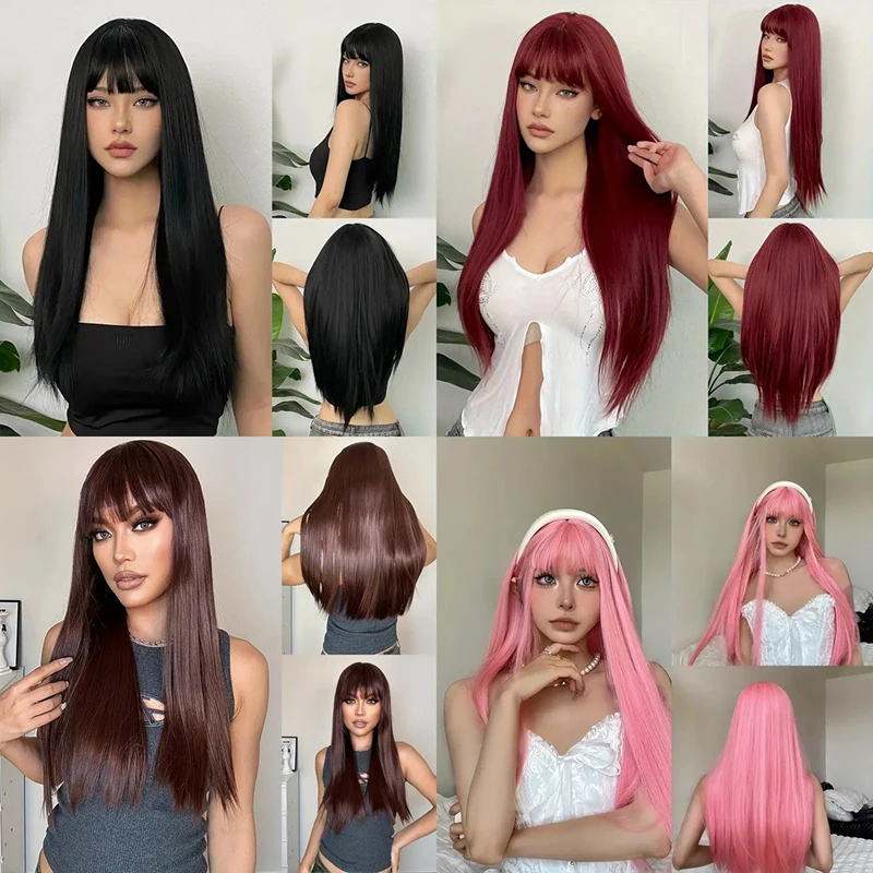 Mujer vestido diario temperamento pelo largo puesta en escena sombreros peluca multicolor bola vestido de noche partido pelo liso