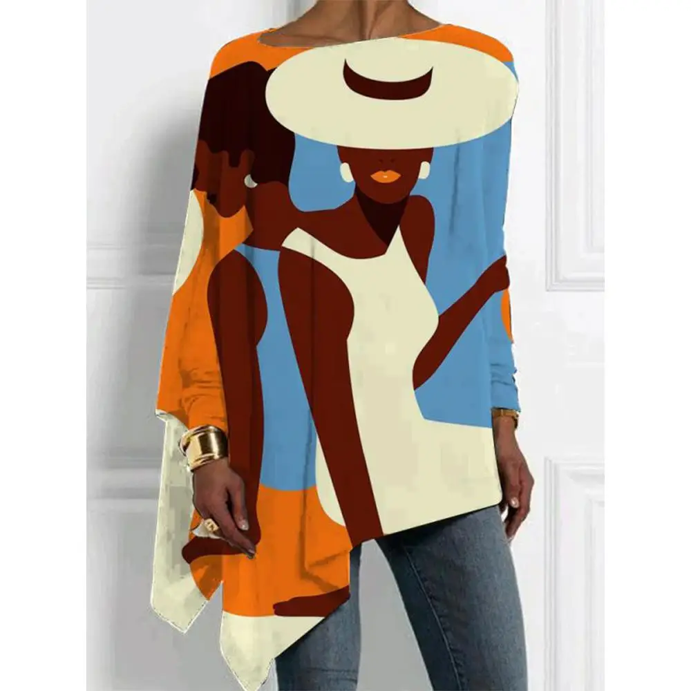 

Retro-style Irregular Hem Sister Outfits Women's Art African Loose Print Long-sleeved Casual Vacation Style Long-sleeved Tops