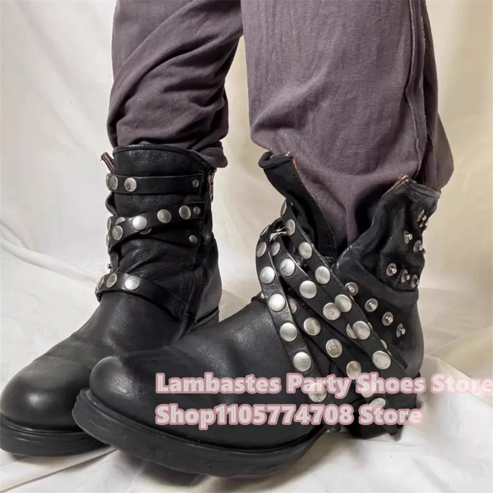 Rivet Dark Vision Short Boots Leather Boots Men Round Toe Vintage Big Head Middle Aged Boots Soft Leather Stacked Short Boots