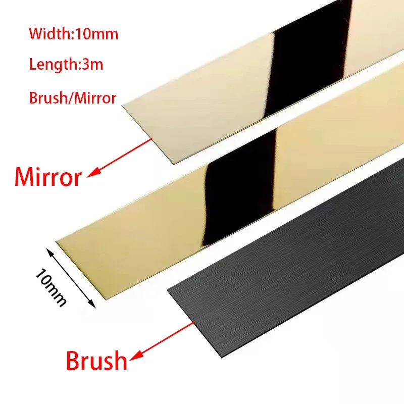 10mm 3Meter/roll Wall Sticker Strip Mirror/Brush Stainless Steel Flat Self Adhesive Decoration for Home Wall Edge Strip Tape