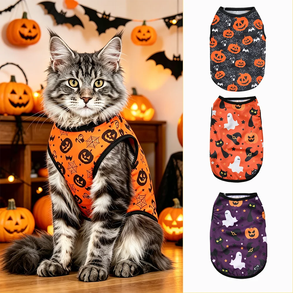 Katzenwesten für kleine bis mittelgroße Katzen und Hunde, Herbst-Winter-Halloween-Festival-Druckkleidung, Kätzchen-Ragdoll-Maine-Coon-Katzen-Haustier-Outfits