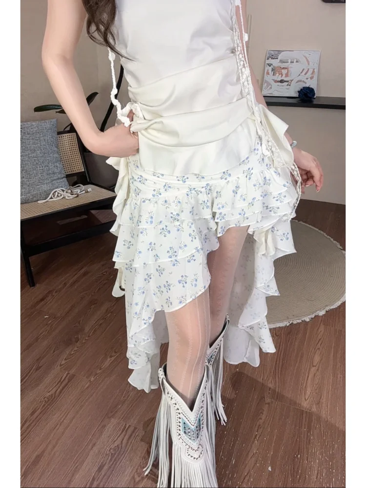 

Французская асимметричная юбка с цветочным принтом для женщин, белая, с завышенной талией, стройнящего кроя, летняя, повседневная, А-силуэт