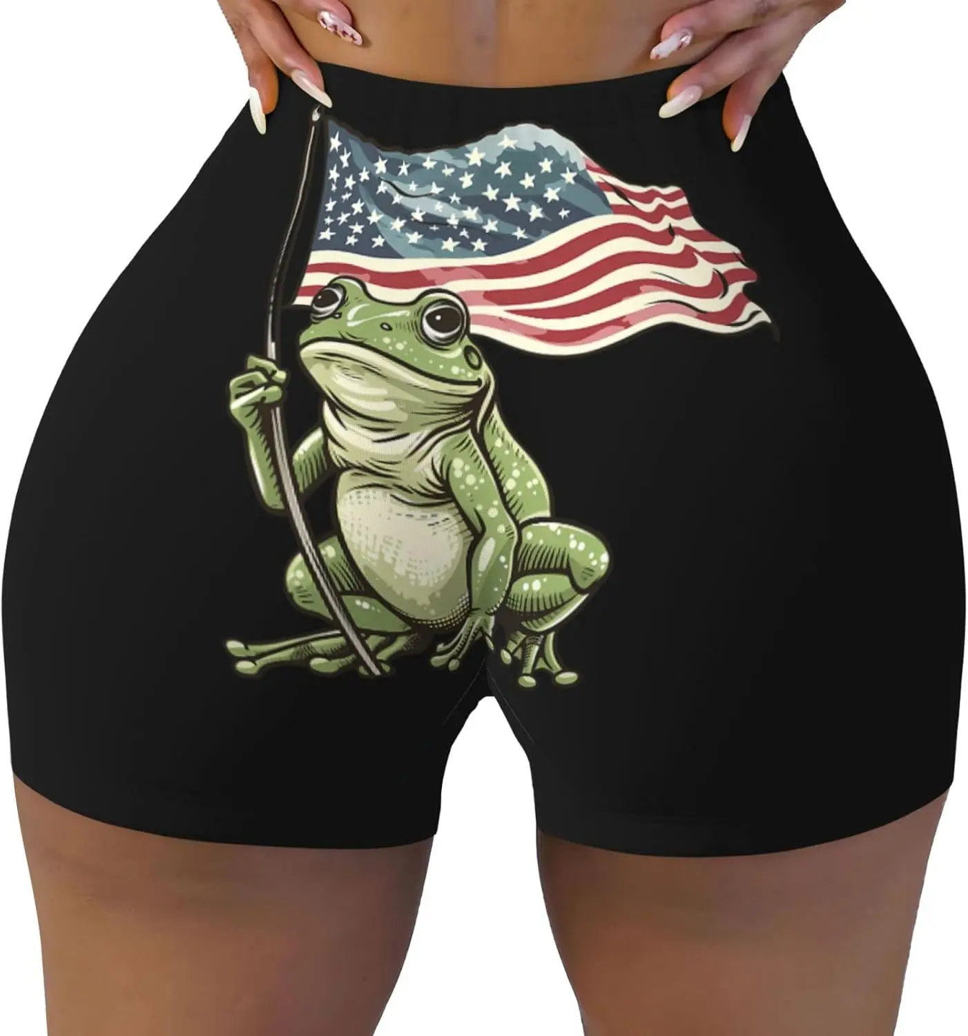 Frog Holding American Flag Women Workout Shorts High Waisted Booty Stretch Yoga Biker Running Athletic Shorts