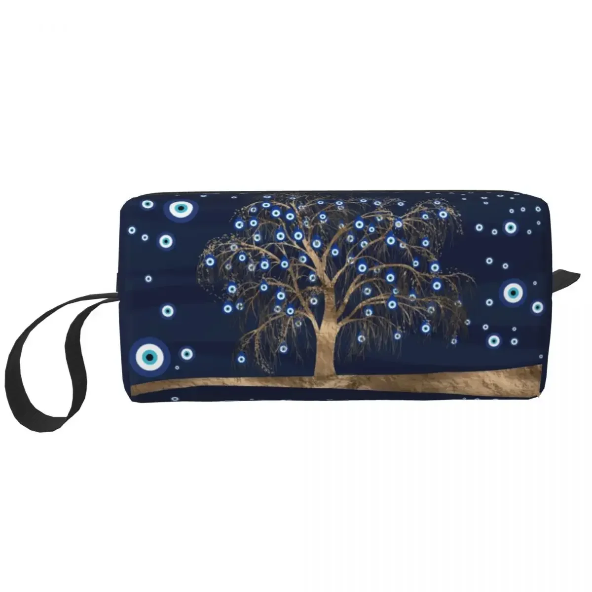 Charm Tree Gold On Dark Blue Travel Cosmetic Bag Amulet Nazar Evil Eye Makeup Toiletry Organizer Lady Beauty Storage Dopp Kit