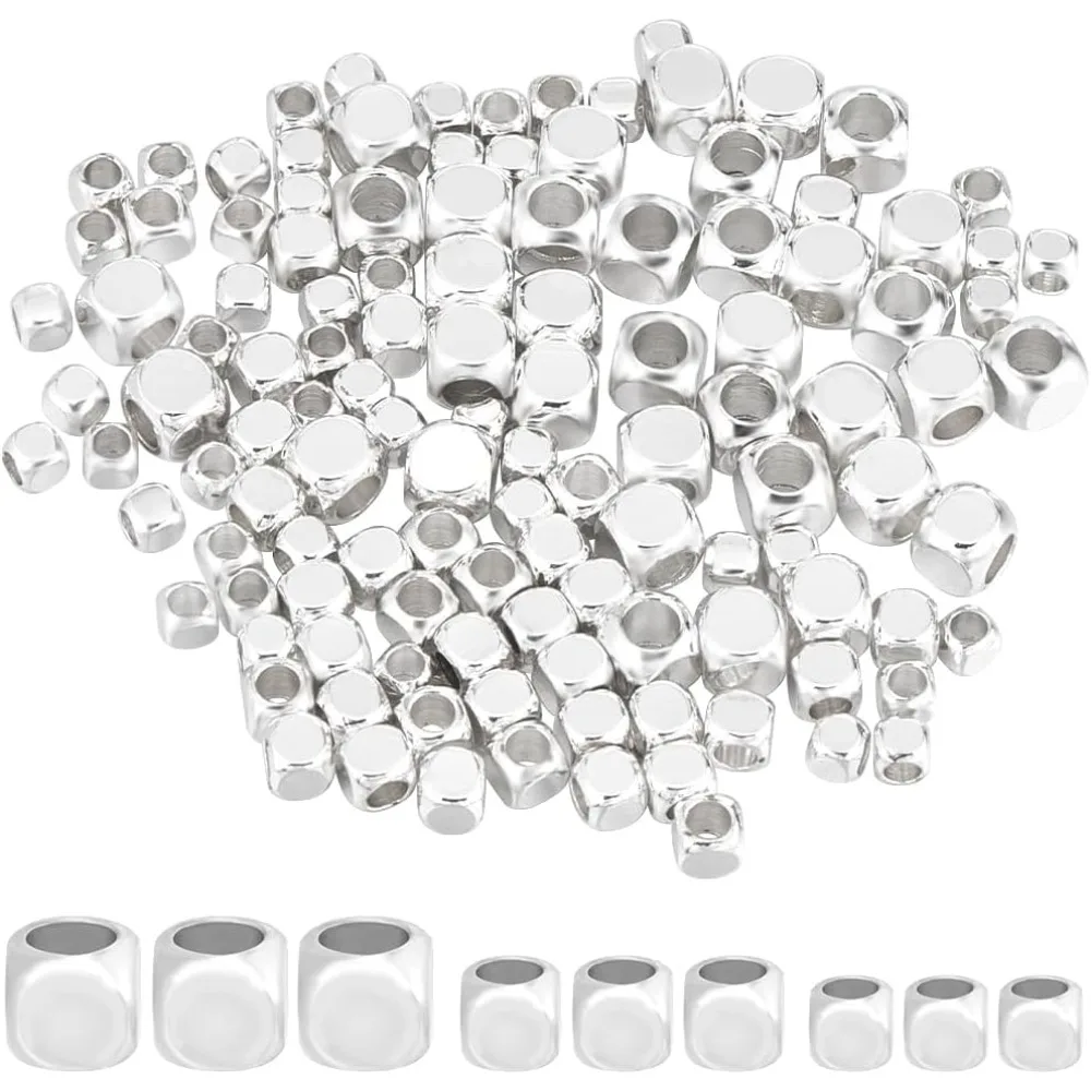 150 pièces Cube entretoise 925 en argent Sterling Cube sans coin en vrac 3 tailles empilables petites perles en métal lisse
