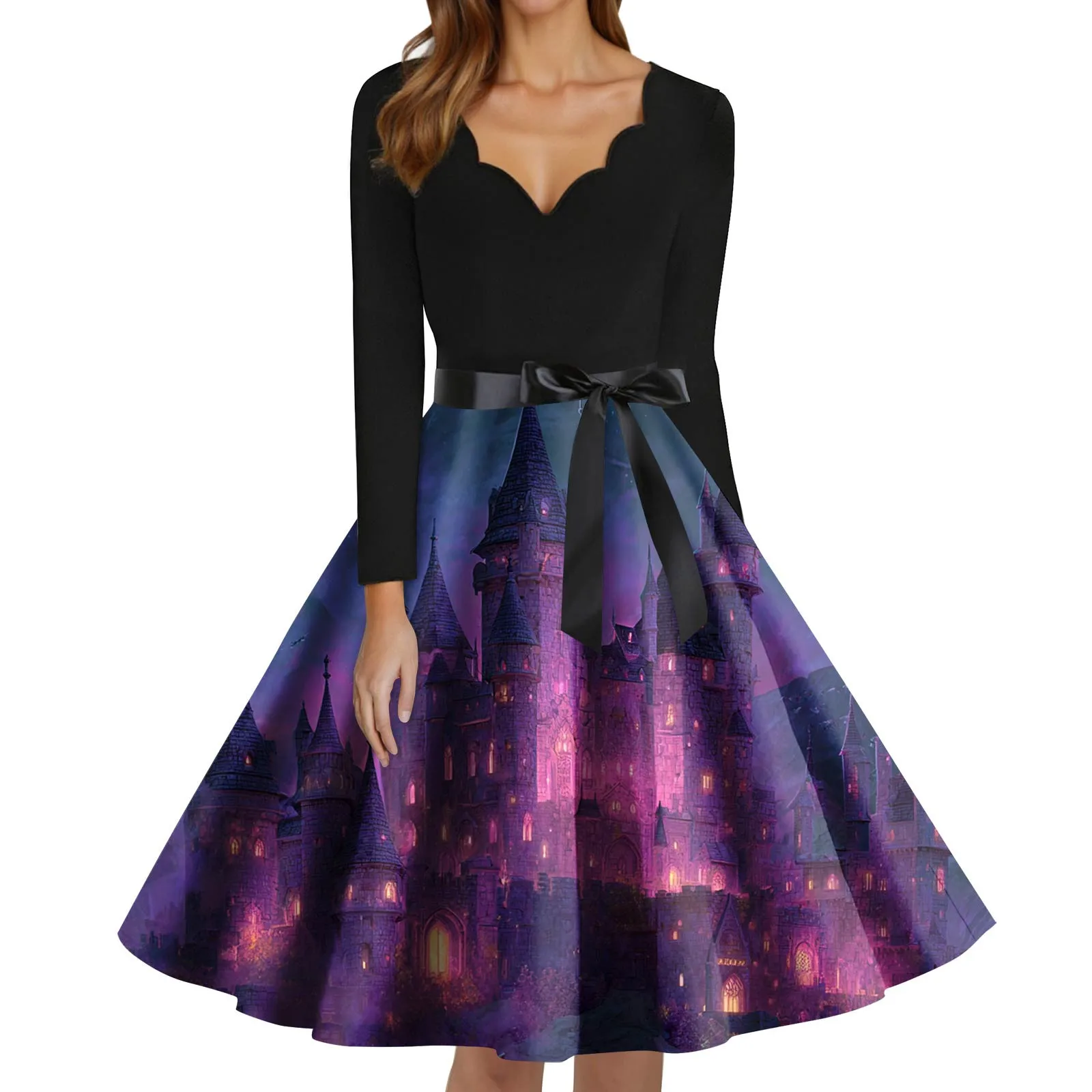 Damska moda Dekolt w serek Codzienna Wąska Sukienka z nadrukiem na Halloween z długim rękawem Eleganckie sukienki damskie na imprezę Sukienka damska na imprezę