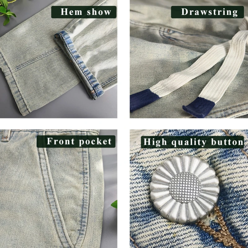 2024 Summer Spring New Vintage Drawstring Jeans for Men Clothing Washed Soft Cotton Loose Straight Man Pants Baggy Jeans KK1075