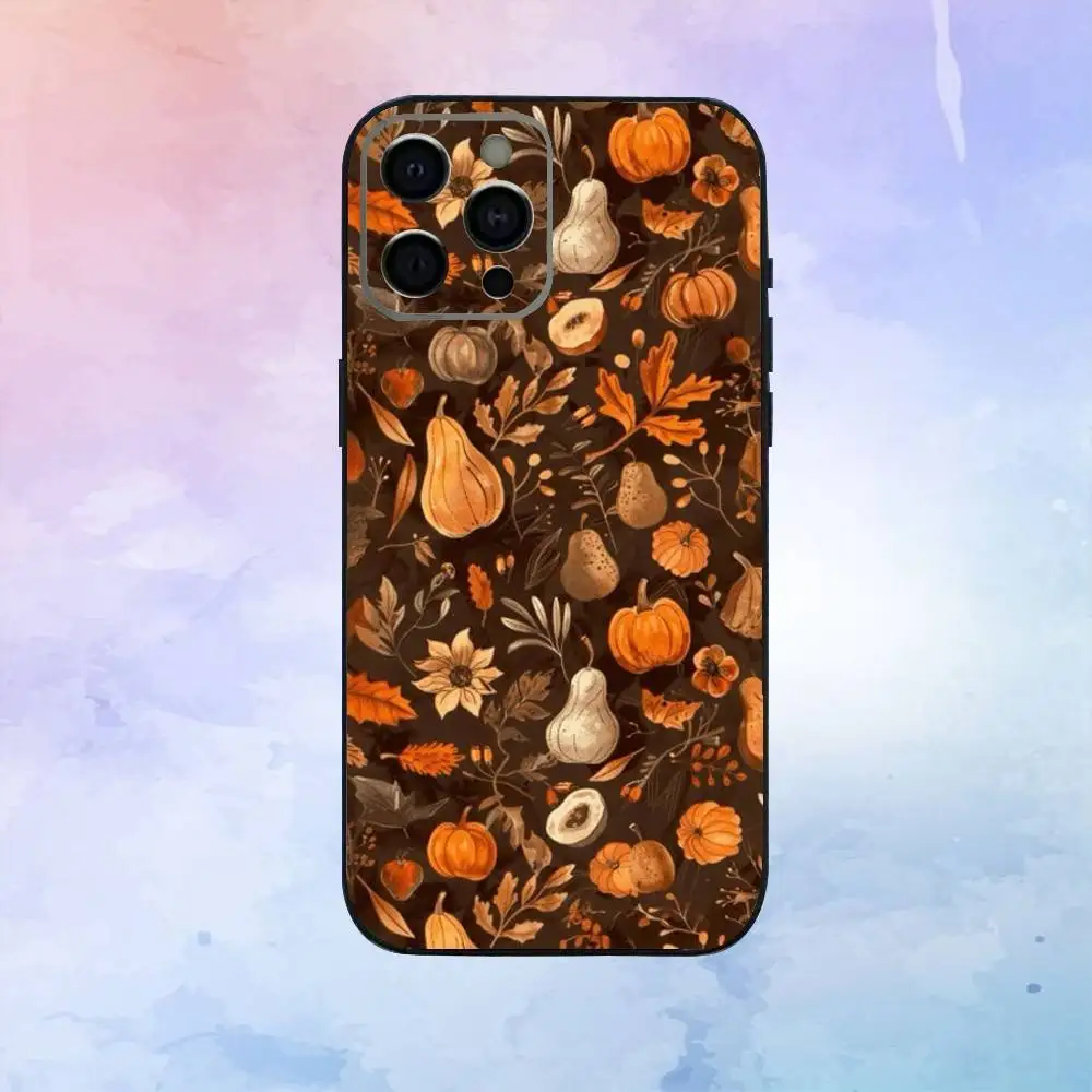 Casing Ponsel Daun Musim Gugur Labu Untuk iPhone17,16,15,14,13,12,11 Plus,Pro Max Penutup Lembut Hitam