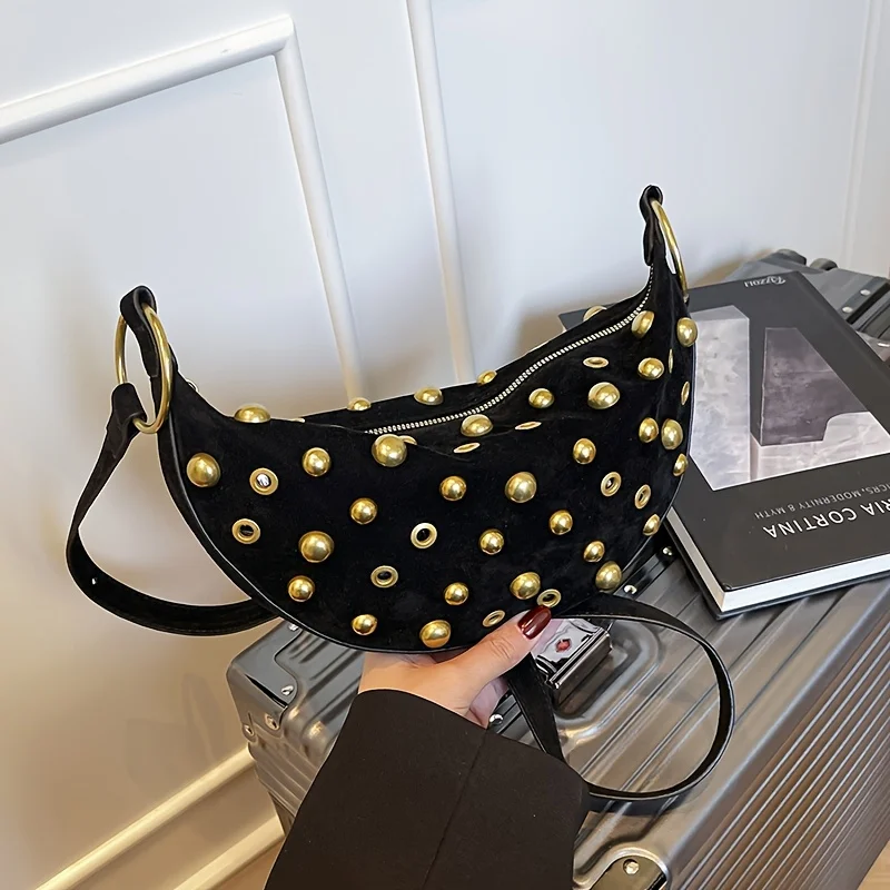 Vintage Style Black Single Shoulder Bag, Rivet Heavy Duty Ladies Bag, Zipper Closure, Fashionable New Slit Armrest Bags