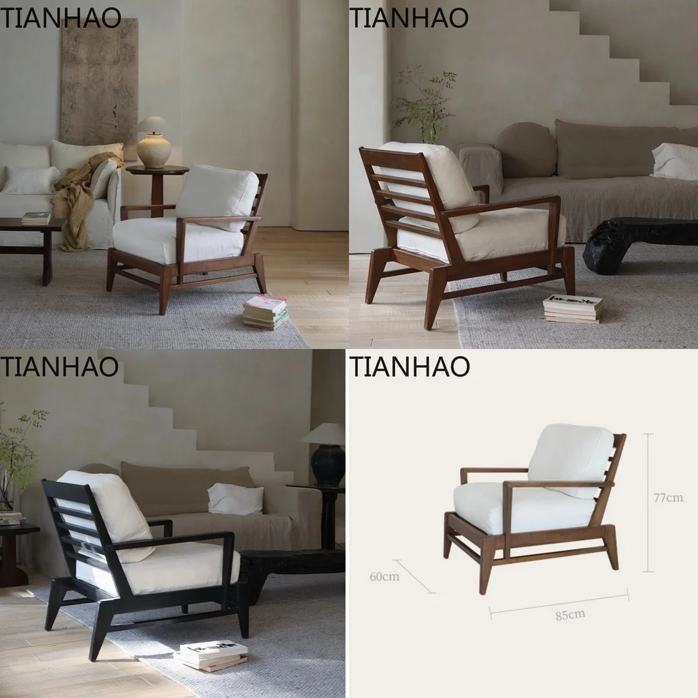 Wabi Sabi Solid Wood Sofa for Living Room Single Seater Lounge Chair with Linen Cotton Upholstery Minimalist Relaxation