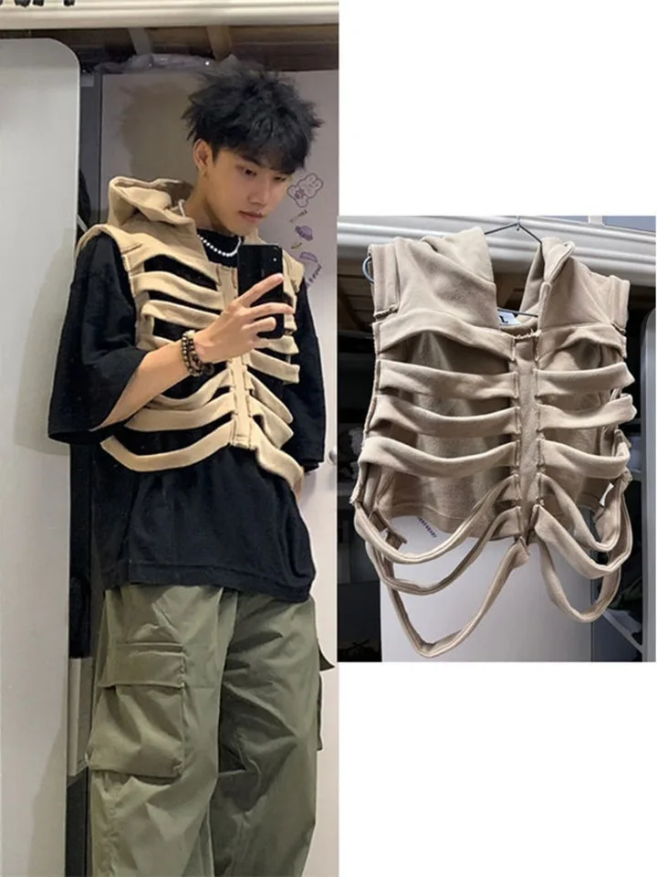希少✨HYDROGEN Down vest skull black Y2K XL Y2K Hollow Skull Hooded Vest for Men Women
