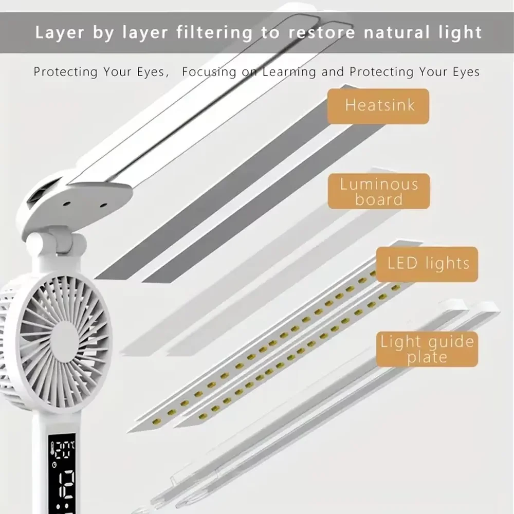 Double Headed Desk Lamp Eye Protection With Fan Table Lamp LED Rechargeable Dimmable Smart Display For Study Reading Night Light