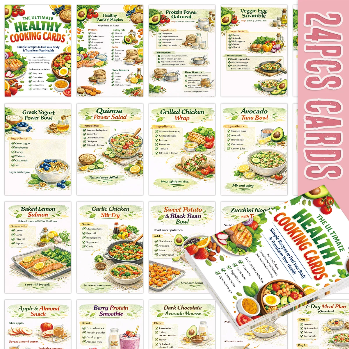 24pcs Cooking Recipe Cards With Grocery List&Healthy Eating Tips,Aesthetic Cards For Kitchen Decor,Gift For Food Lover,Home Cook