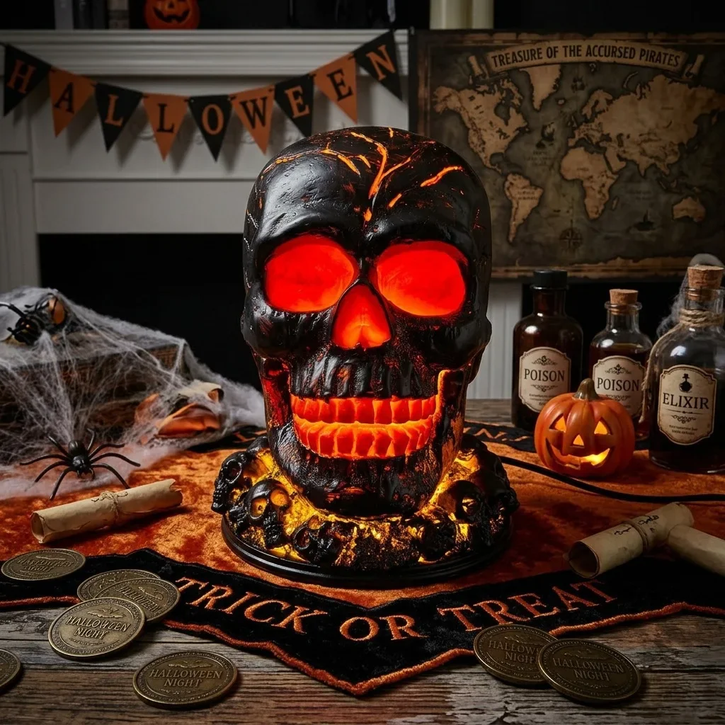 Halloween LED Light Skeleton Resin Figurine, Creative Skull Sculpture Mini Statue for Room Desktop Decoration