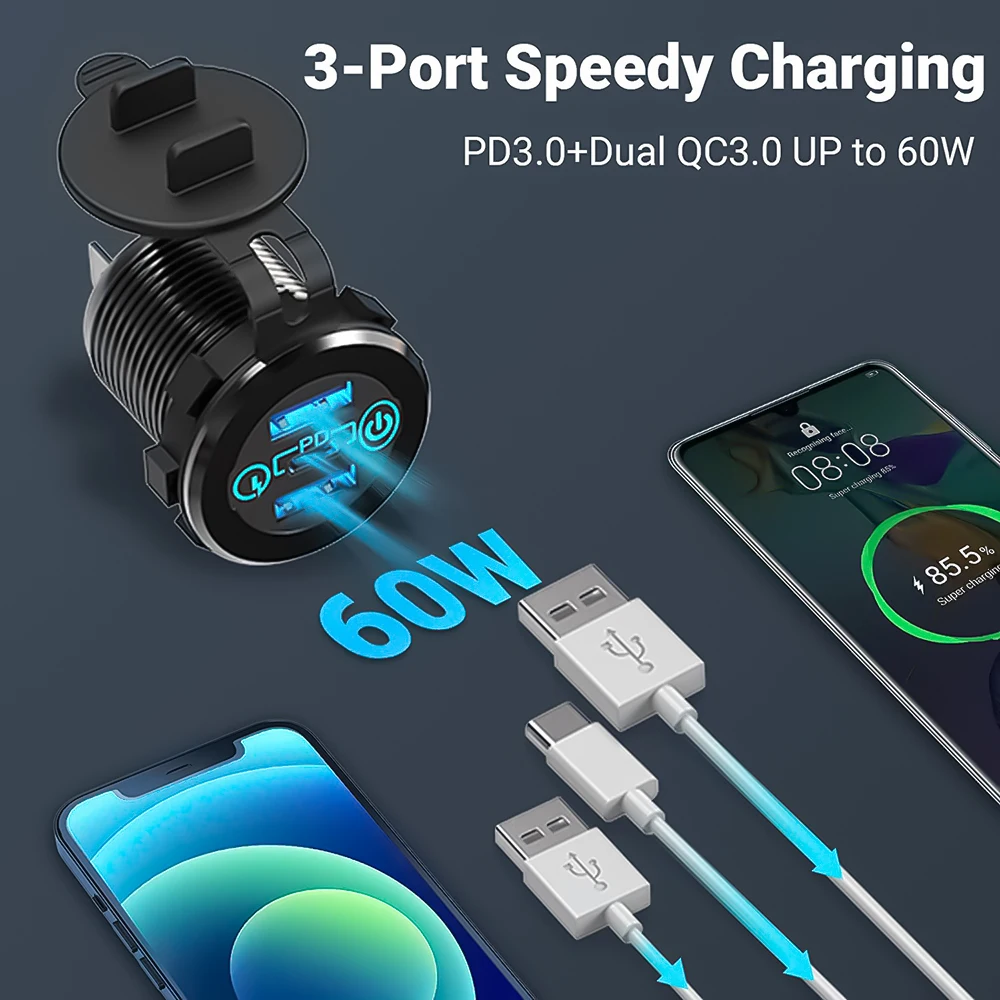 earu Car USB Charger Socket Metal 60W Car Charger 12V 24V USB Outlet PD USB-C & Two QC3.0 Ports Touch Switch For Boat Marine