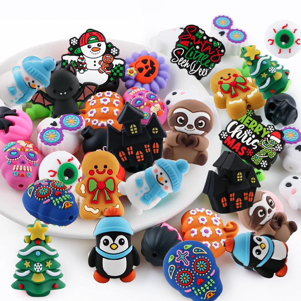 5Pcs New Christmas Halloween Silicone Focal Beads 3D Bead For Jewelry Making DIY Beadable Pen Keychain Necklace Accessories