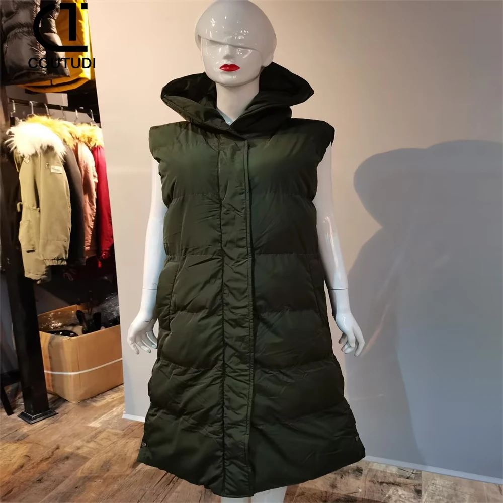 COUTUDI-Long Hooded Cotton Vest for Women, Sleeveless Coat, Puffer Jacket, Female Clothing, Winter and Autumn