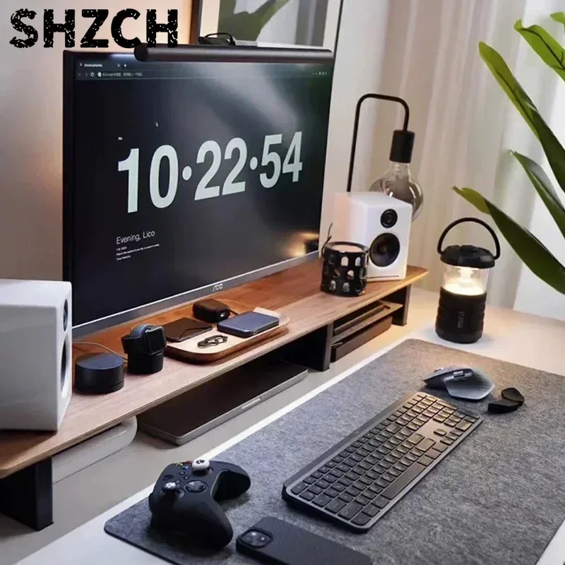 Solid Wood Monitor Stand Black Walnut Desktop Storage Shelf Minimalist Modern Stable Height Increase Rack for Computer Screens