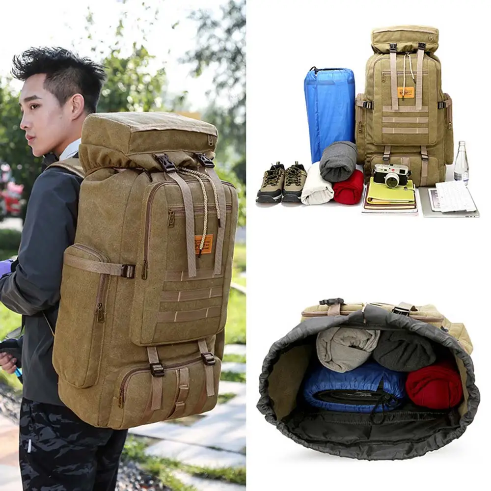 70L Men Canvas Camping Bag Hiking Backpack Luggage Outdoor Climbing Trekking Travel Tactical Shoulder Bags  Sports