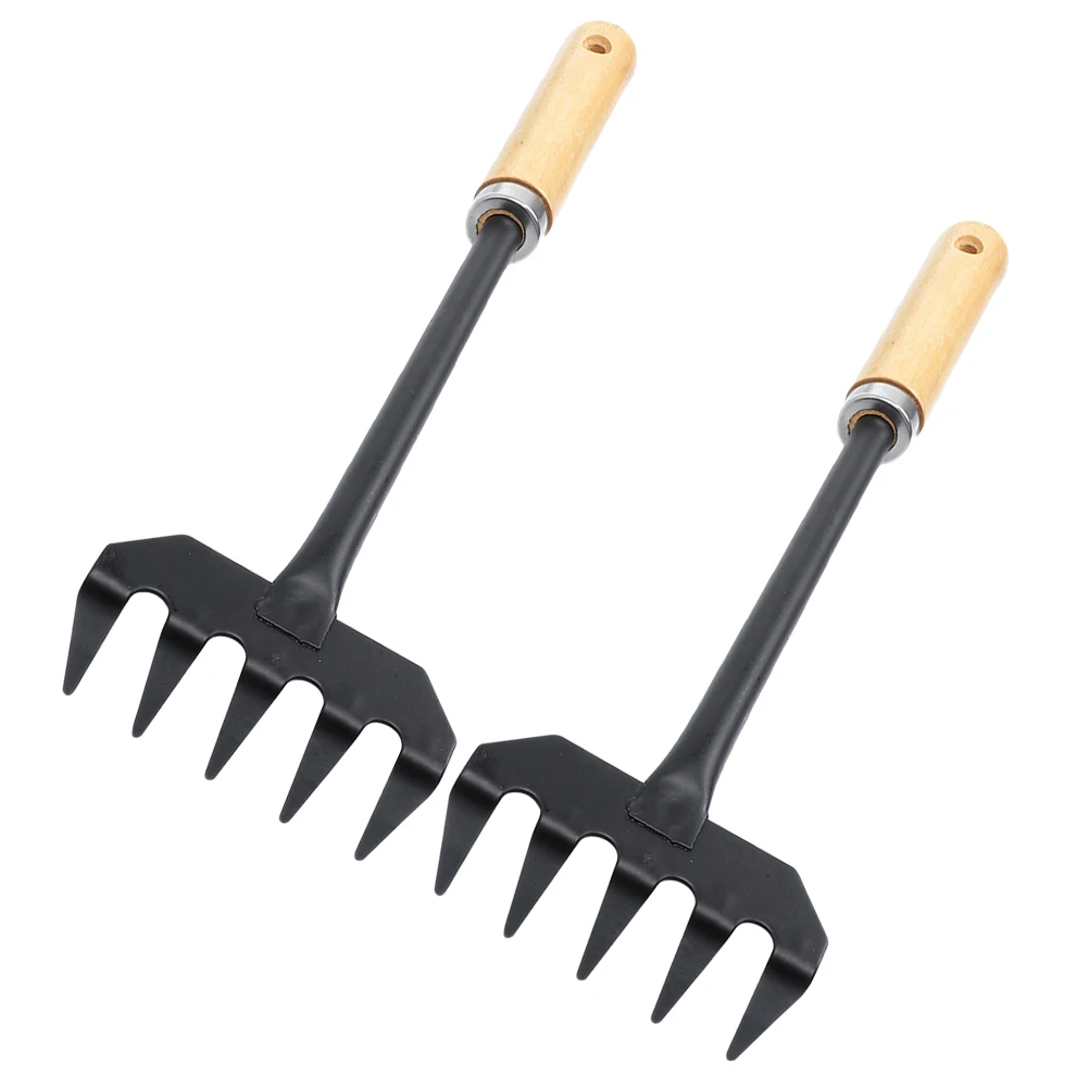 

2Pcs Mini Garden Rake Hand Tool Wood Handle Compact Design Easy to Carry Home Hiking Use Soil Loosening Aeration Transplanting