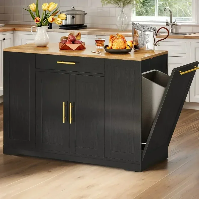 53 inch Large Rolling Kitchen Island with Trash Can Storage Cabinet, Portable Mobile Islands Table Long Floating