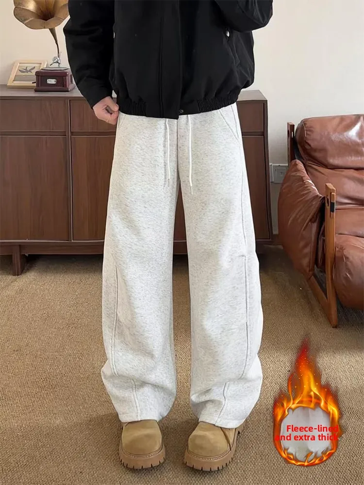 

Men's Winter Thiened Fce Lined Loose Wide Leg Pants American Deconstructed Bend Knife Trousers Casual Spor Loose Fit