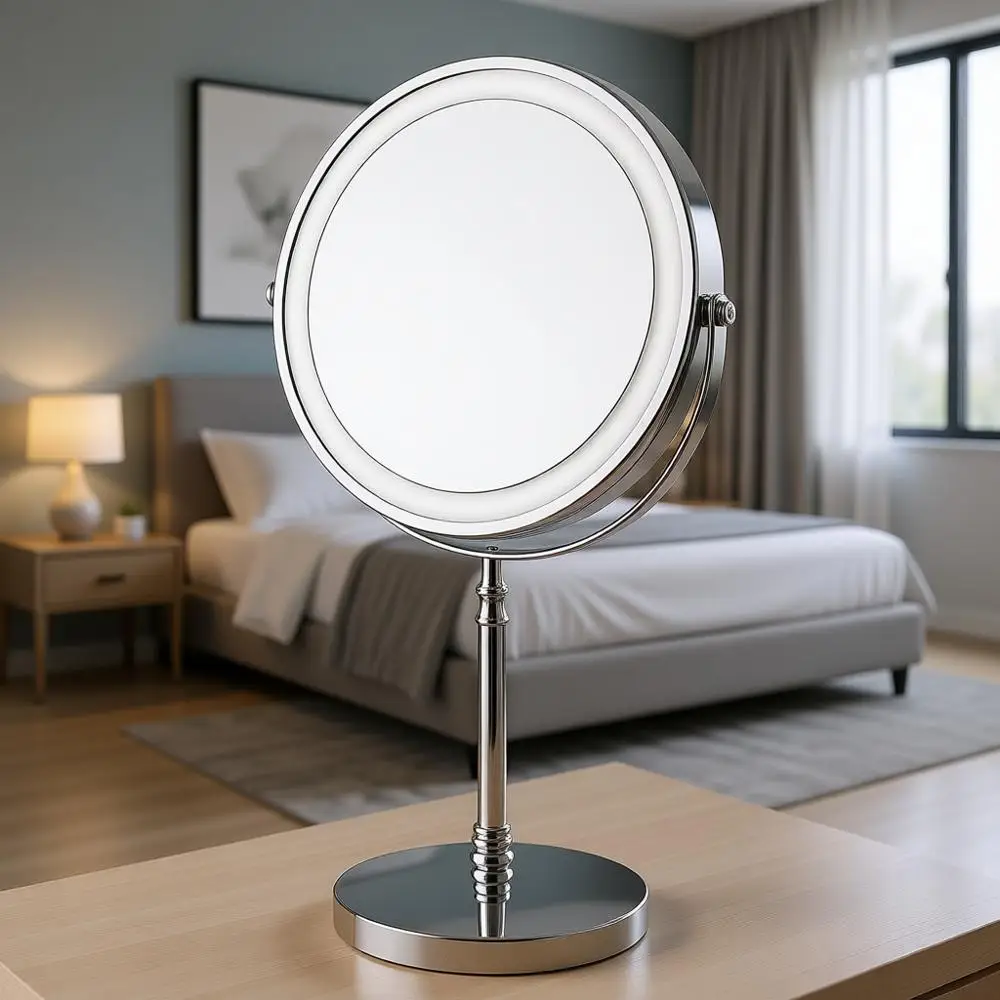 

Двустороннее светодиодное зеркало для макияжа, перезаряжаемое, 3000 мАч, 360° ° Вращающееся зеркало с 3-цветной подсветкой, увеличением 1x/10x, регулируемое, для макияжа