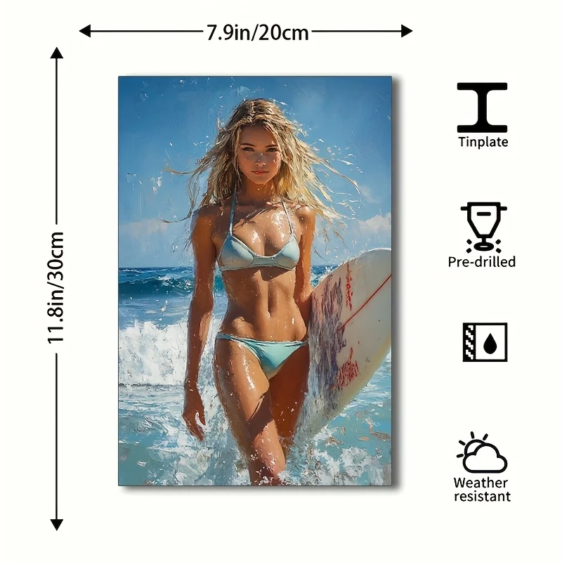 One Metal Tin Sign Featuring a for Surfer Girl in a Bikini with a for Surfboard. Perfect for a Beach-Themed Space, for Surf S