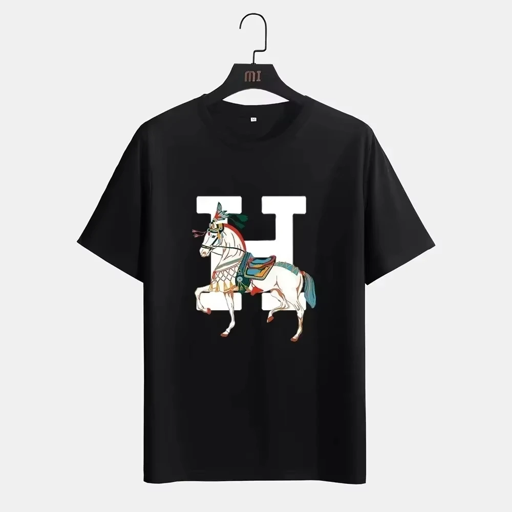 2026 Summer Vintage Oversized T‑Shirt For Adults Chinese Style Horse Letter Front Print Theme Art Loose Short Sleeve Street Tee