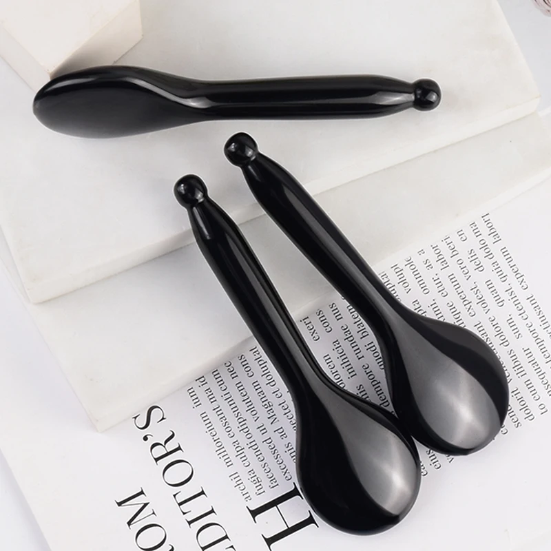 

Black Obsidian Round Spoon Shaped Gua Sha Tool Face Massage Wand Head Neck Acupuncture Pen Natural Crystal Stone Beauty Product