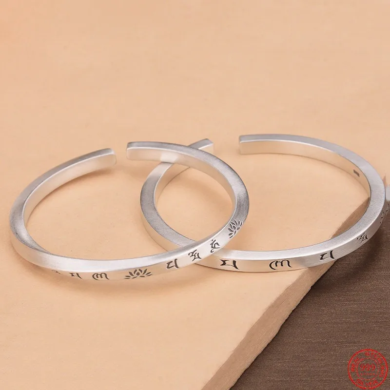 

S999 Sterling Silver Bracelets for Women Men Six Syllable Mantra Mobius Twist Solid Bangle Argentum Amulet Jewelry Wholesale