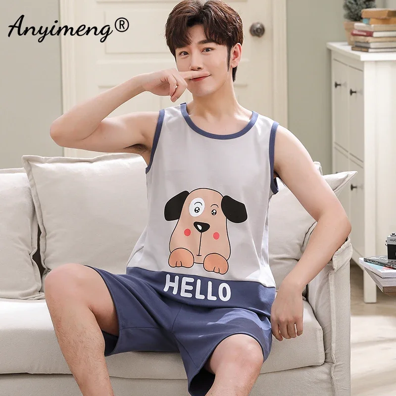 Summer New Men\'s Fashion Plus Size Pyjamas Set Cotton Sleeveless Short Pant Homesuit Mens Casual Pajamas Cartoon Print Sleepwear