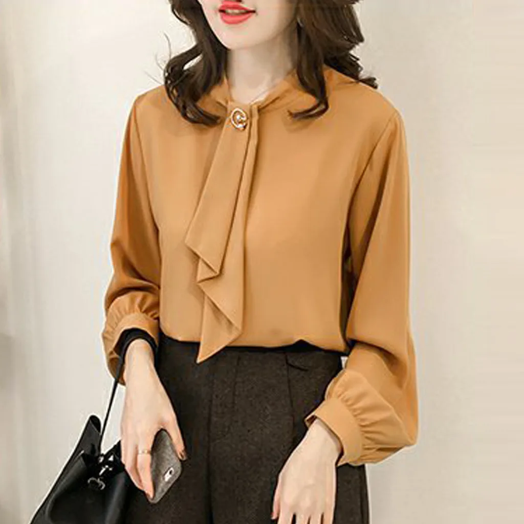 Spring Summer Elegant Blouses Ladies’ Casual Long Lantern Sleeve Solid Round Neck Chiffon Thin Shirt And Blouse Office Lady Tops